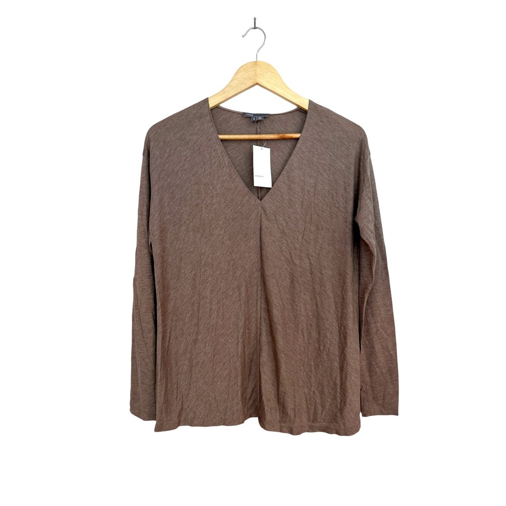 Vince Womens V-Neck Long Sleeve Viscose Top Brown NWT Size Small MSRP $120
